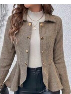SHEIN Brown Herringbone Peplum Blazer Jacket
